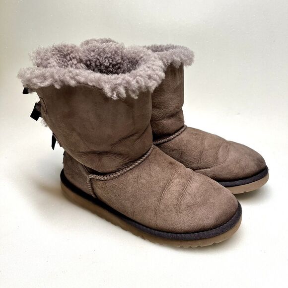UGG Bailey Bow II Brown Suede Boots Womens 5 Slip On Sheepskin Mid-Calf Boot - Picture 2 of 12